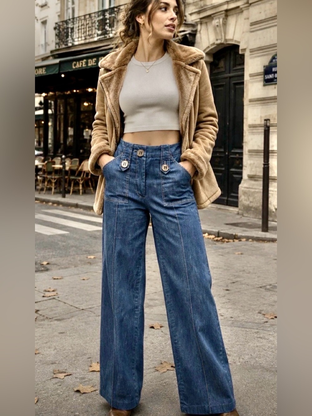 SELE Boho Big Buttons Pockets High Waist Wide Leg Hippie Blue Denim Jeans Size S